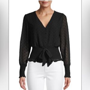 Q&A black Swiss Dot Smocked Blouse, size L